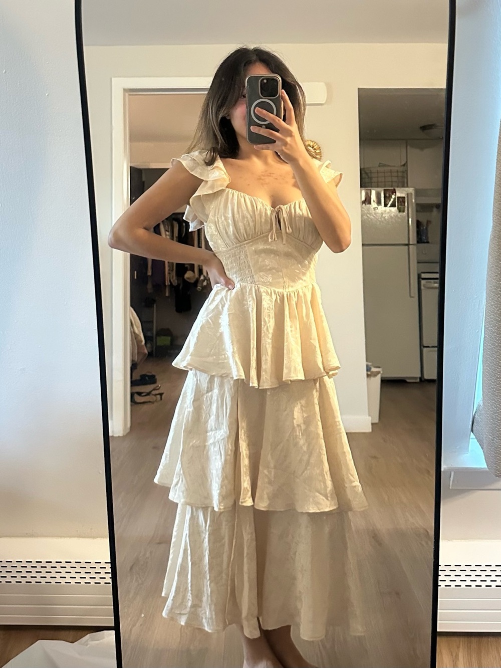 Francesca's Collections Cream Tiered Ruffle Maxi Dress